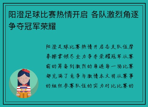 阳澄足球比赛热情开启 各队激烈角逐争夺冠军荣耀