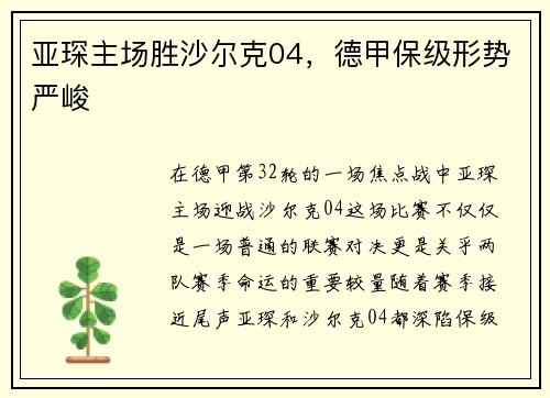 亚琛主场胜沙尔克04，德甲保级形势严峻