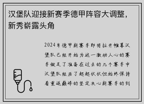 汉堡队迎接新赛季德甲阵容大调整，新秀崭露头角