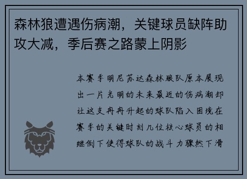 森林狼遭遇伤病潮，关键球员缺阵助攻大减，季后赛之路蒙上阴影