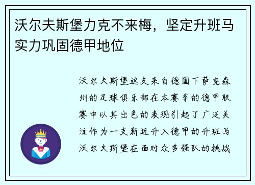 沃尔夫斯堡力克不来梅，坚定升班马实力巩固德甲地位