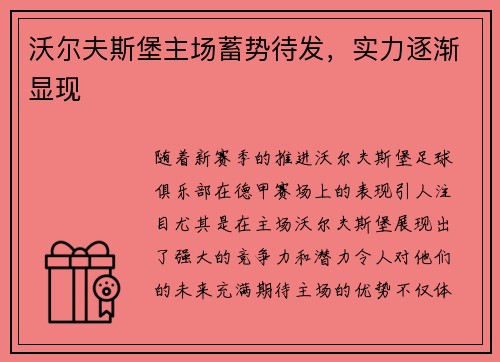 沃尔夫斯堡主场蓄势待发，实力逐渐显现
