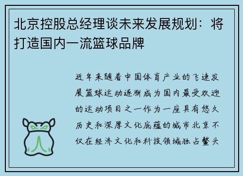 北京控股总经理谈未来发展规划：将打造国内一流篮球品牌