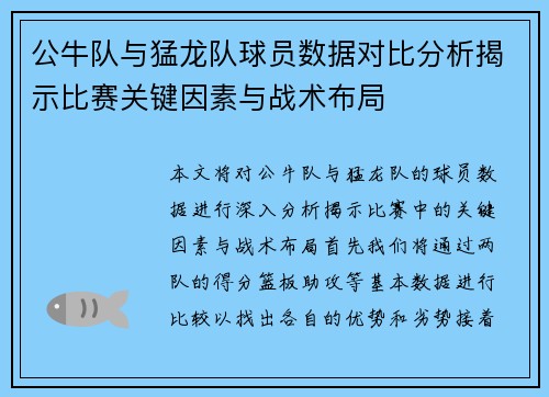 公牛队与猛龙队球员数据对比分析揭示比赛关键因素与战术布局