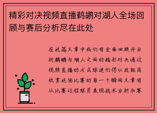 精彩对决视频直播鹈鹕对湖人全场回顾与赛后分析尽在此处