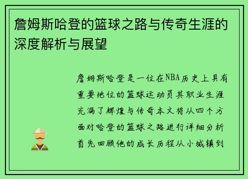 詹姆斯哈登的篮球之路与传奇生涯的深度解析与展望