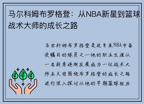 马尔科姆布罗格登：从NBA新星到篮球战术大师的成长之路