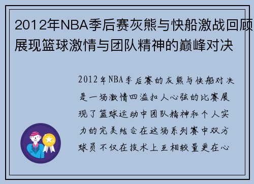 2012年NBA季后赛灰熊与快船激战回顾展现篮球激情与团队精神的巅峰对决