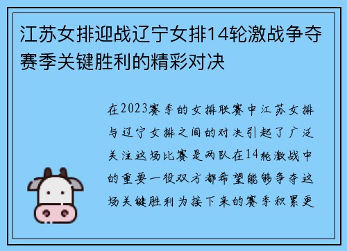 江苏女排迎战辽宁女排14轮激战争夺赛季关键胜利的精彩对决