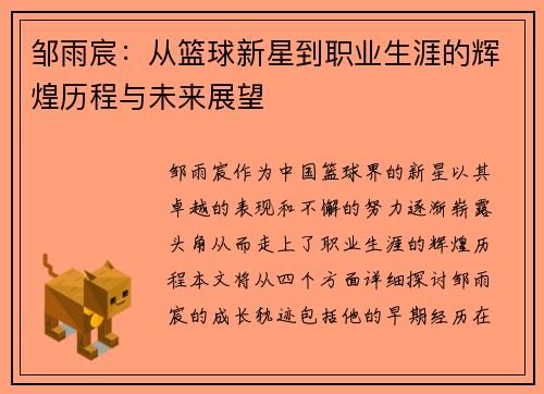 邹雨宸：从篮球新星到职业生涯的辉煌历程与未来展望