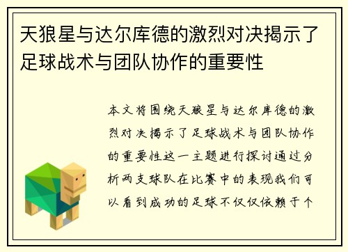 天狼星与达尔库德的激烈对决揭示了足球战术与团队协作的重要性