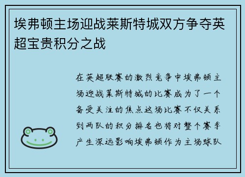 埃弗顿主场迎战莱斯特城双方争夺英超宝贵积分之战