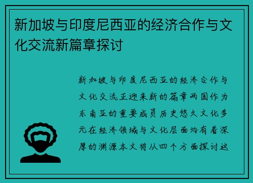 新加坡与印度尼西亚的经济合作与文化交流新篇章探讨