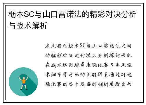 枥木SC与山口雷诺法的精彩对决分析与战术解析