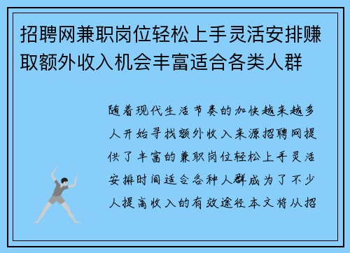 招聘网兼职岗位轻松上手灵活安排赚取额外收入机会丰富适合各类人群