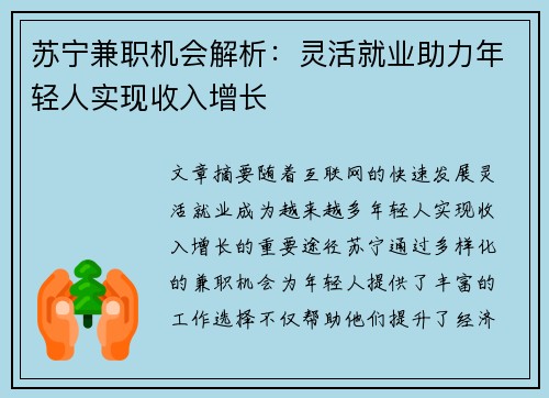 苏宁兼职机会解析：灵活就业助力年轻人实现收入增长