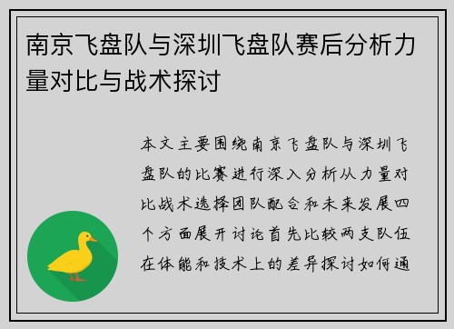 南京飞盘队与深圳飞盘队赛后分析力量对比与战术探讨